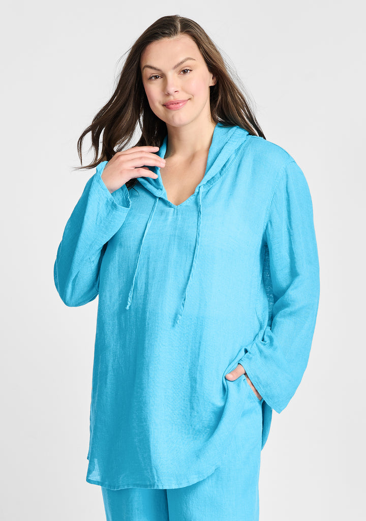 hooded tunic linen shirt blue
