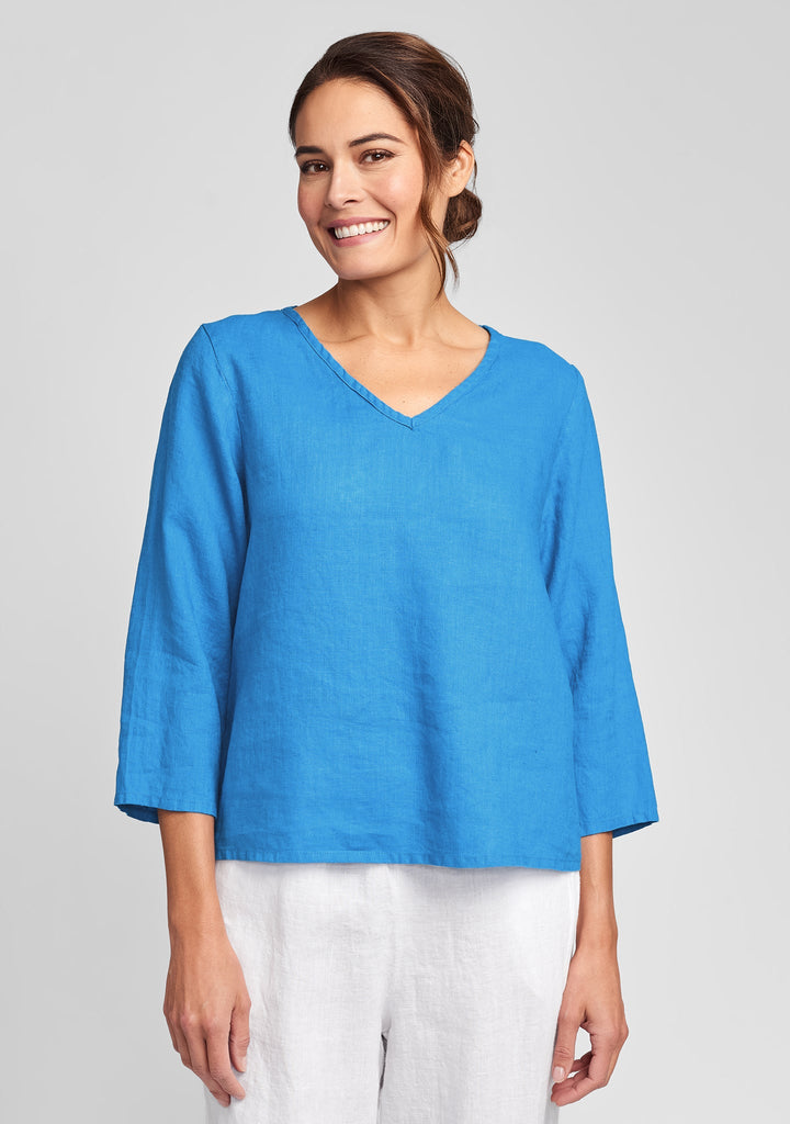 3/4 crop v linen shirt blue