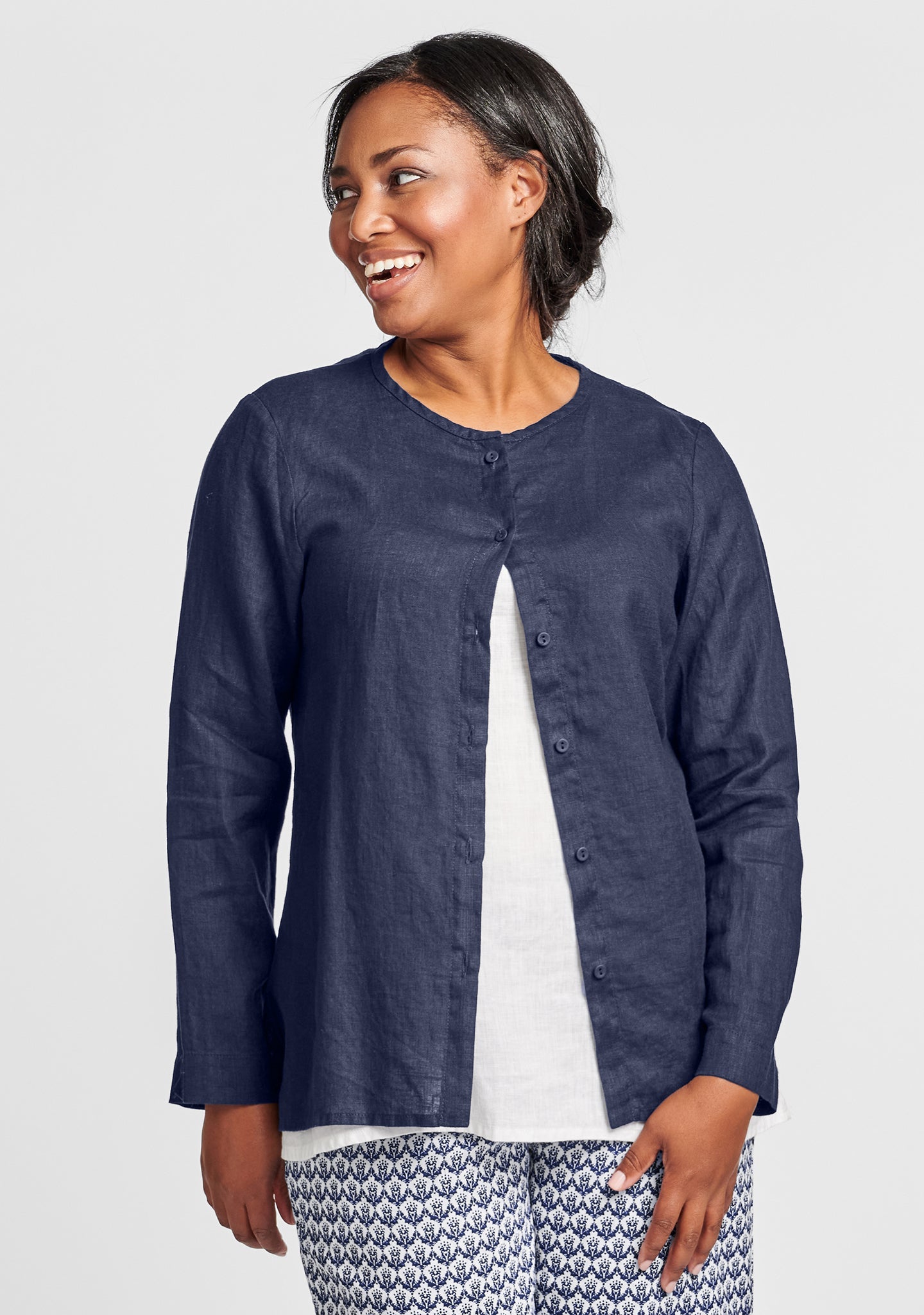 discover linen button down shirt blue