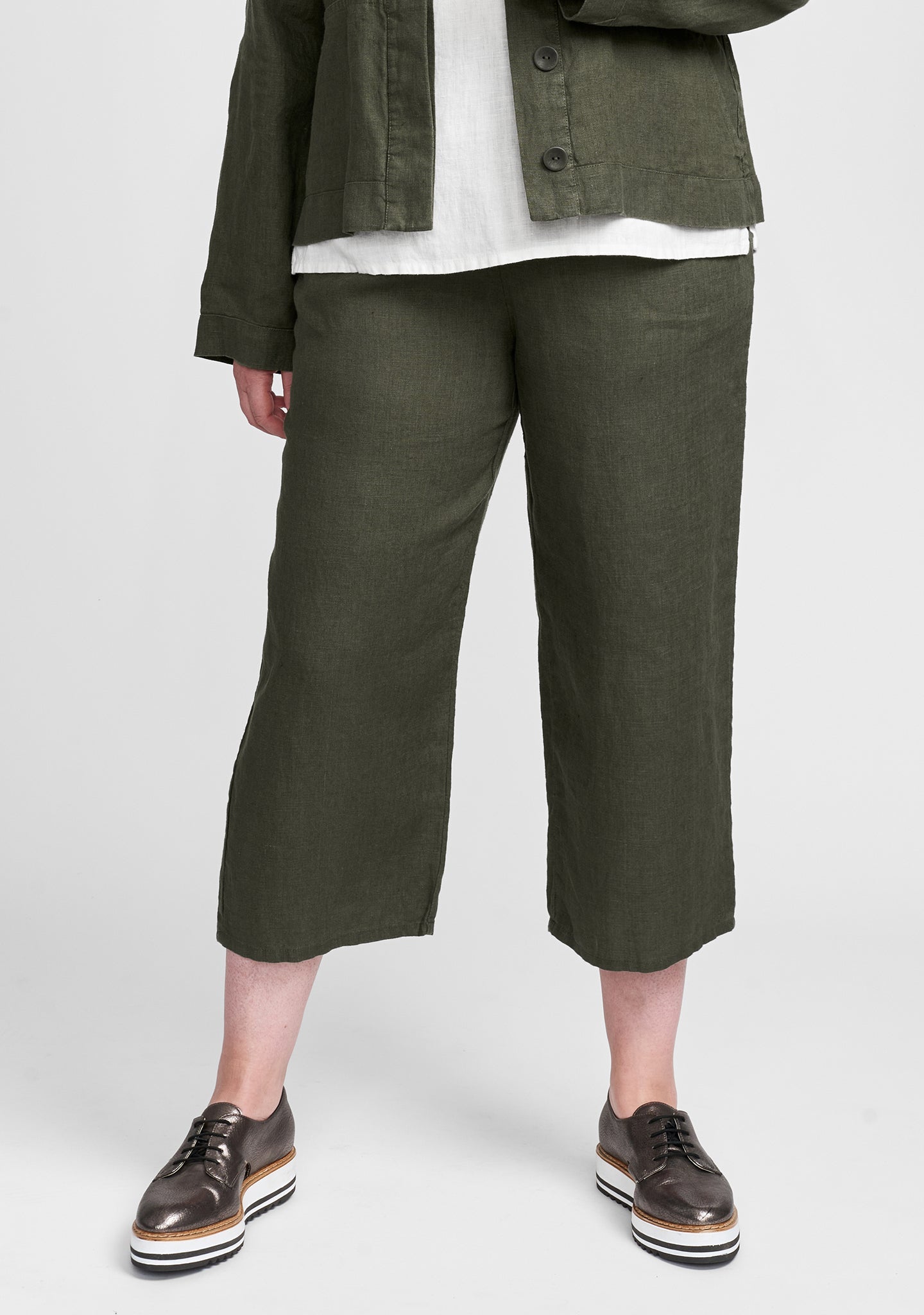 floods linen pants with elastic waist green