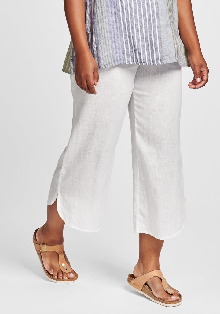 shirttail flood linen pants with elastic waist white